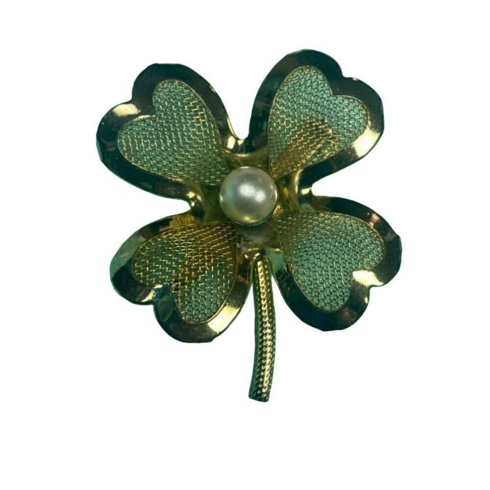 Vintage CORO Mesh Gold Tone and Faux Pearl Lucky Clover Pin Womens Brooch